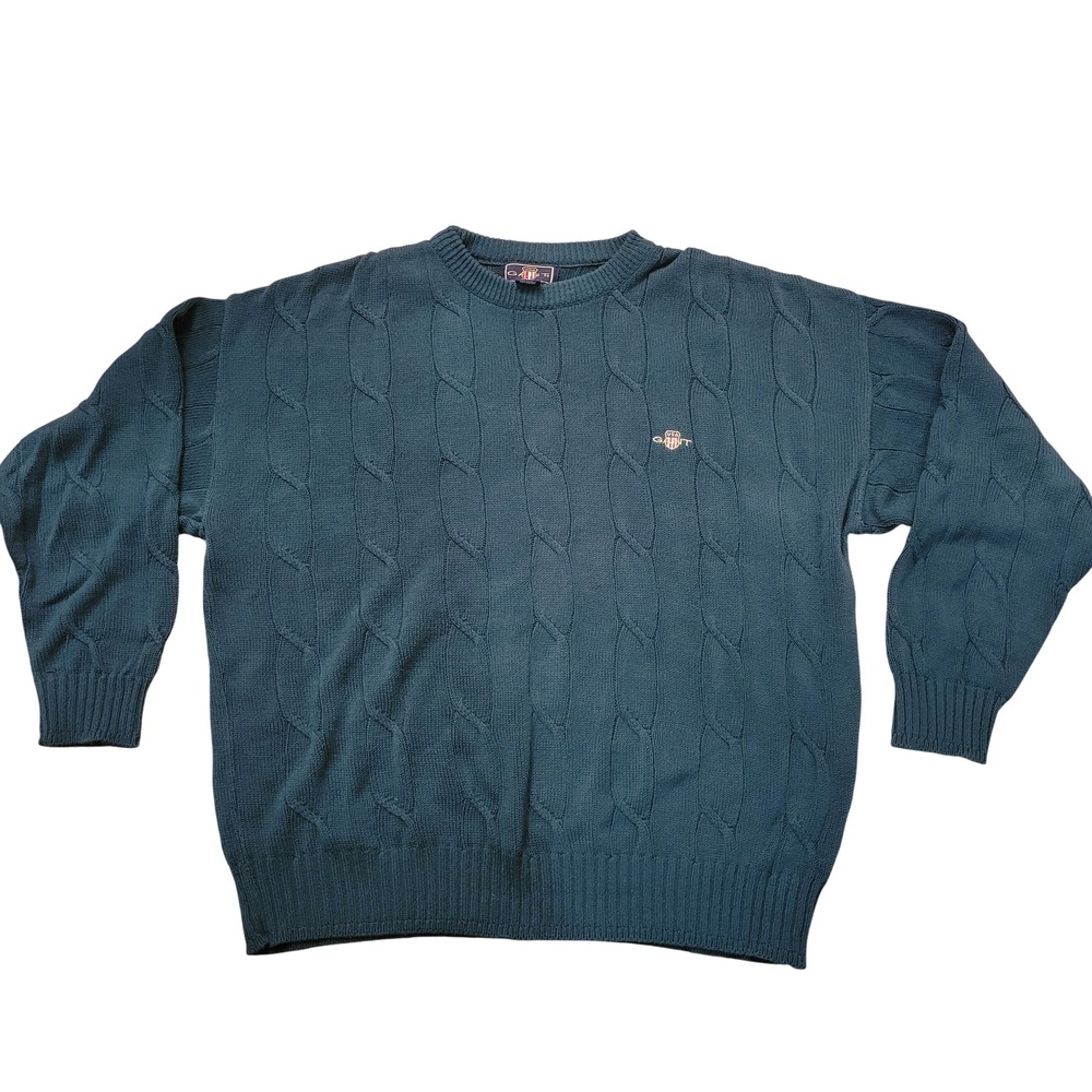 Gant USA Green Cable Knit Chunky‎ Sweater XL Cotton Crewneck Eclectic Grandpa